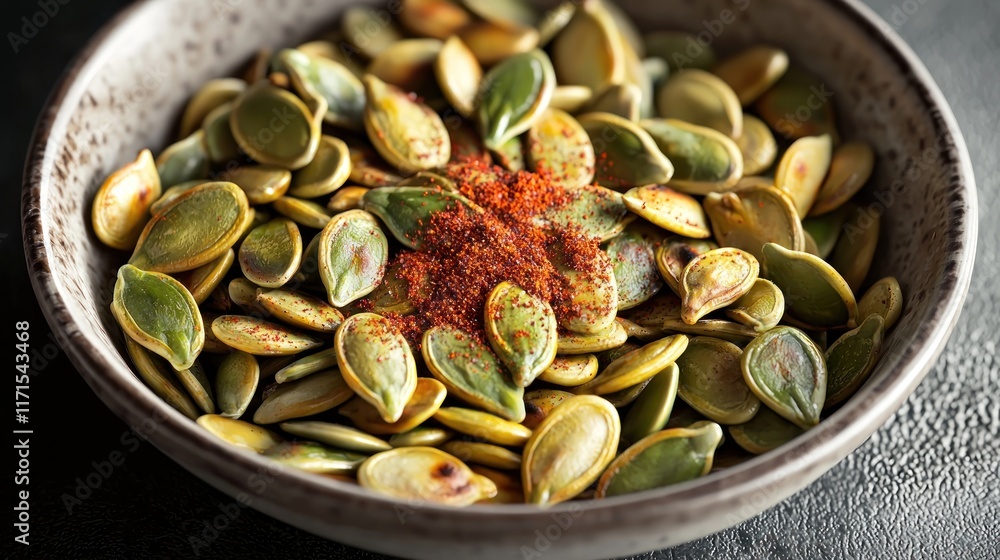Bowl of pumpkin seeds seasoned with spice for snacking. Bowl of pumpkin seeds seasoned with spice for snacking.