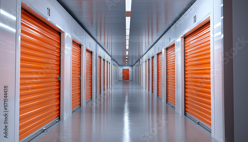 empfy corridor of a self storage facility with orange door of the units being locked