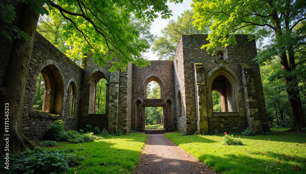 Ruined stone building surrounded by trees in a lush green setting Ruined stone building surrounded by trees in a lush green setting