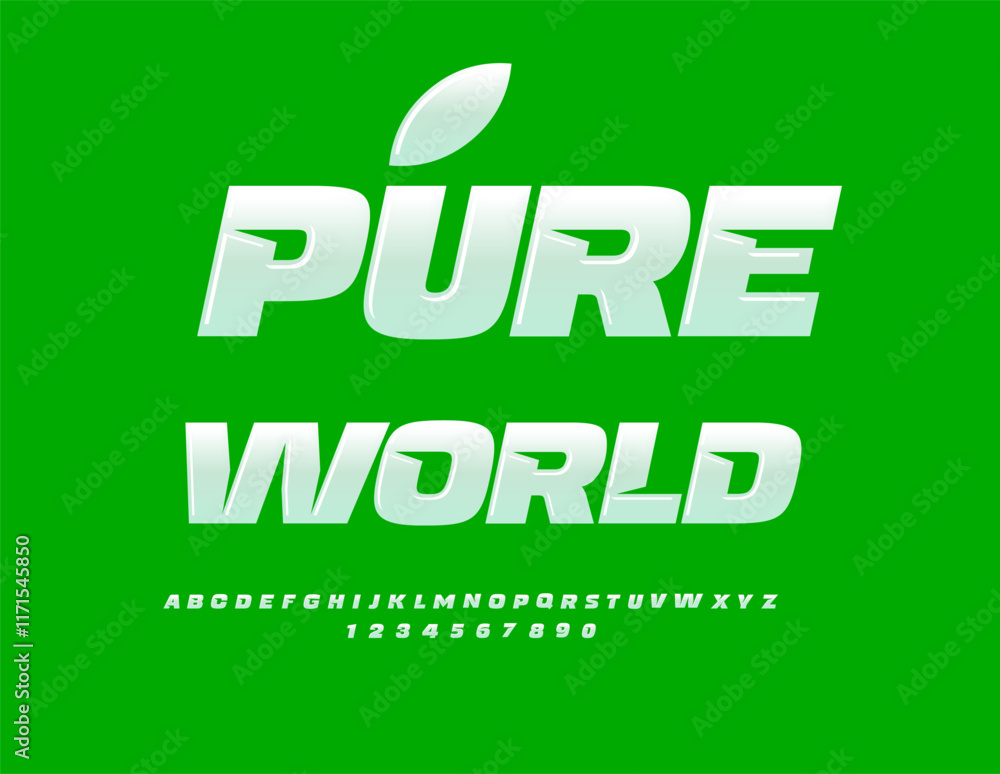 Naklejka premium Vector eco badge Pure World with Glossy White Font. Modern Futuristic Alphabet Letters and Numbers