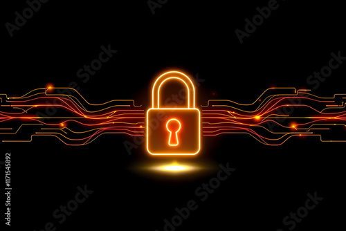 A lock icon with glowing waves of energy on a black background, symbolizing security and protection in the digital world. photo