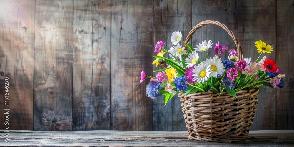 Fototapeta premium Rustic basket of colorful wildflowers