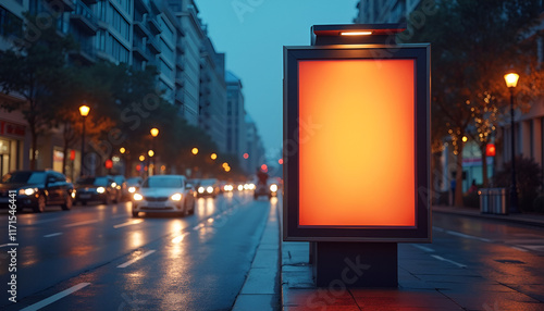 Wallpaper Mural Blank advertising billboard with orange glow on a city street at twilight with wet pavement Torontodigital.ca