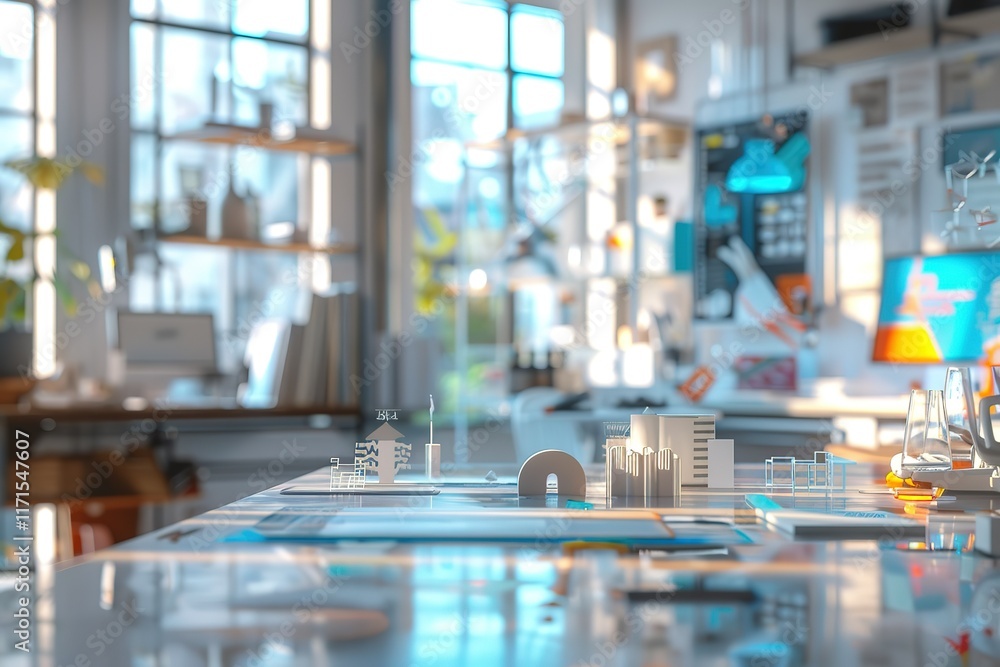 Obraz premium Modern office workspace with city model and technology elements.