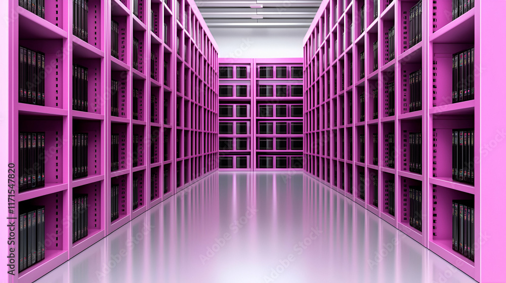 A vibrant pink library with rows of shelves filled with books, creating a modern and striking interior space. A vibrant pink library with rows of shelves filled with books, creating a modern and striking interior space.
