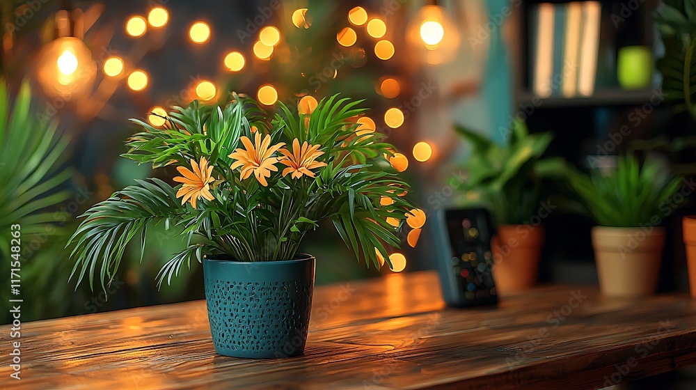 Orange Flowers in Pot On Wooden Table With Lights Orange Flowers in Pot On Wooden Table With Lights