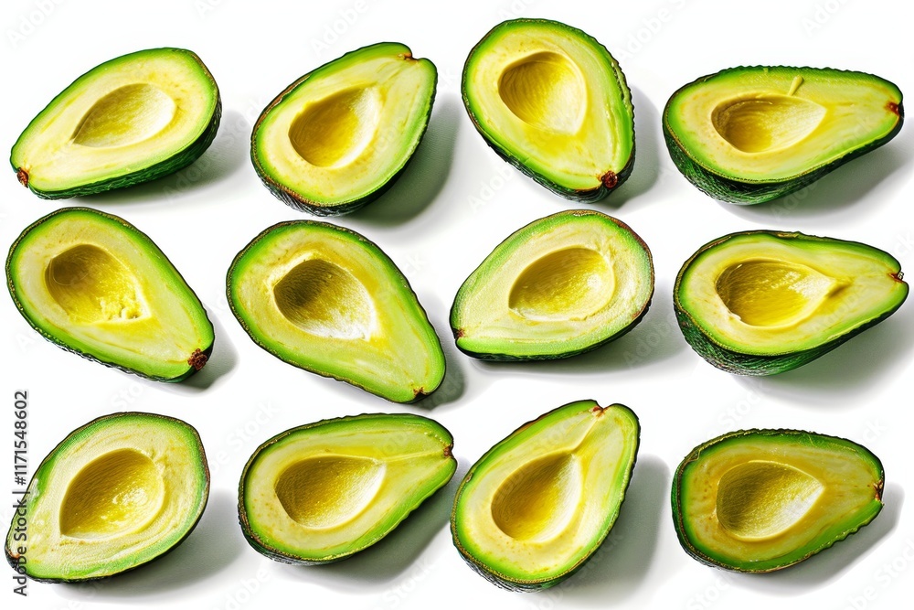 Avocado slices elegantly floating on a clean white background in stunning photography shot Avocado slices elegantly floating on a clean white background in stunning photography shot