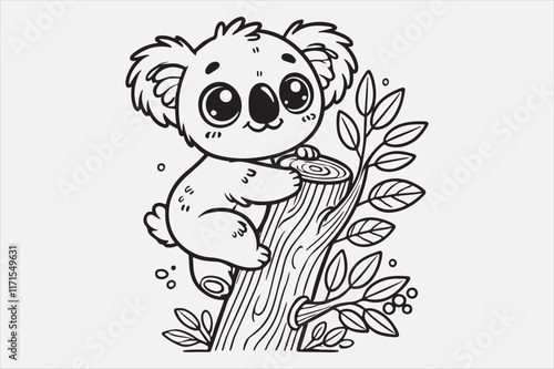 A simple and adorable cartoon of a baby koala climbing a tree. photo