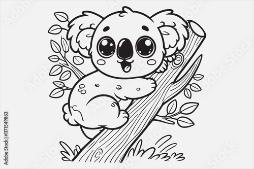 A simple and adorable cartoon of a baby koala climbing a tree. photo