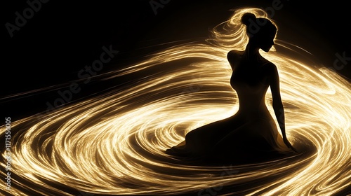 A glowing female silhouette of milk and gold swirls poised dynamically against a pure black stage photo