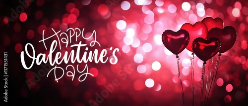 Happy Valentines Day: Romantic Red Heart Balloons and Sparkling Lights photo