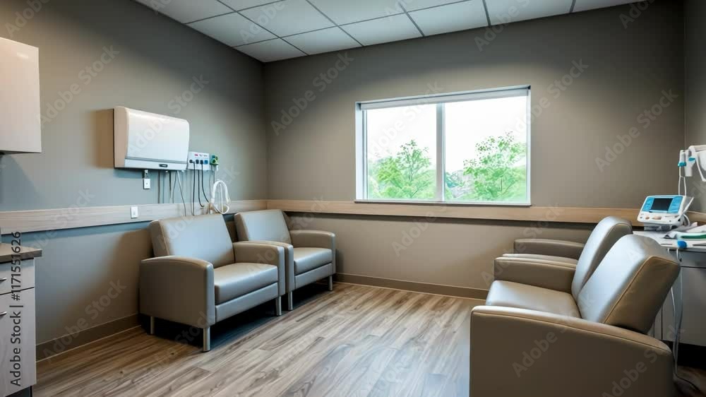 Clean and calm hospital room with medical equipment and waiting area promoting patient comfort and a healing atmosphere Clean and calm hospital room with medical equipment and waiting area promoting patient comfort and a healing atmosphere