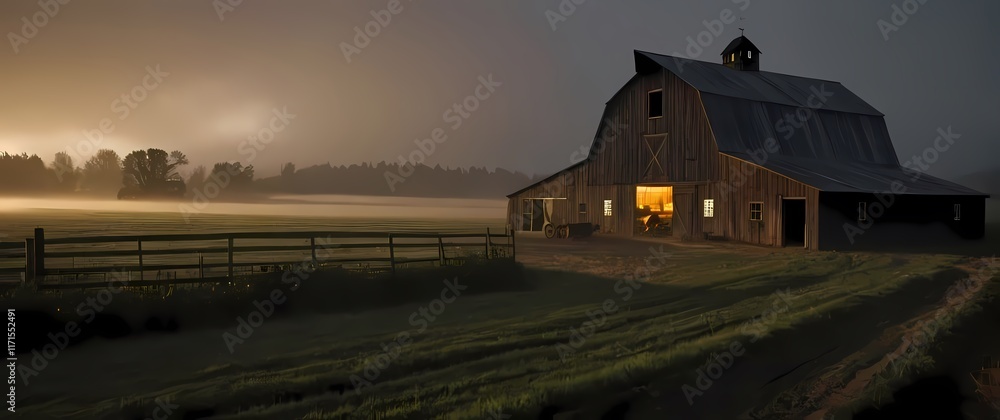 Fototapeta premium A charming rustic farm scene with a weathered barn surrounded by fields