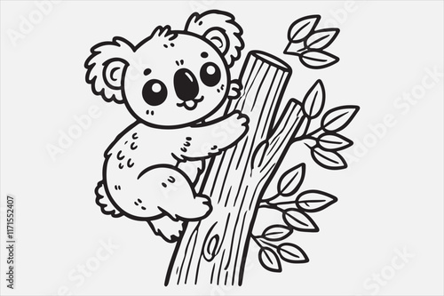 A simple and adorable cartoon of a baby koala climbing a tree. photo