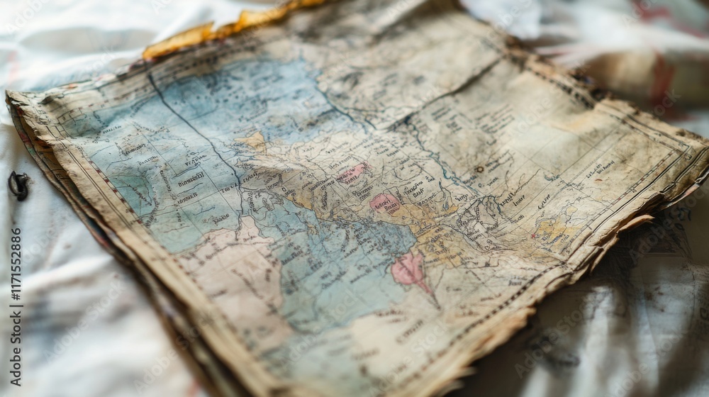 Naklejka premium An old treasure map lies on a rustic surface. Its creases and faded colors tell stories of adventures. The allure of exploration beckons you. Generative AI
