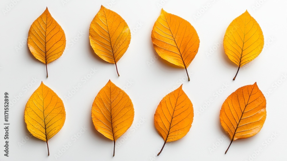 Obraz premium Vibrant Yellow Leaves Arranged in Symmetrical Pattern on White Background