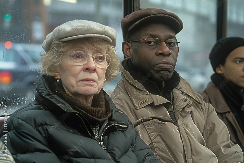 Fototapeta premium Vibrant urban scene diverse passengers commuting together on a city bus journey