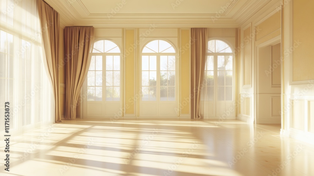 Fototapeta premium Minimalist luxury room on yellow background with natural sunlight shadow for presentation of products