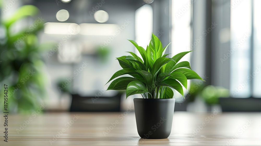 Fototapeta premium Green plant in a black pot on a wooden desk in a modern office.