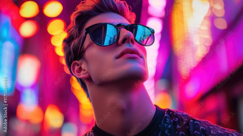 Young man enjoying vibrant city night life with stylish sunglasses and colorful lights