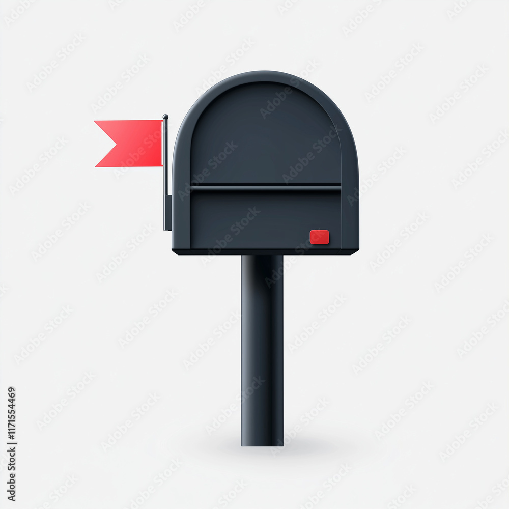 Black mailbox with red flag against white background Black mailbox with red flag against white background