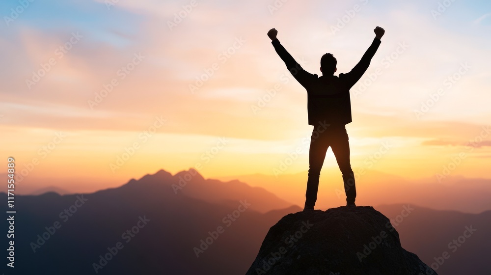 A silhouette of a person standing triumphantly on a mountain peak at sunset, symbolizing achievement and freedom, Perfect for wellness, motivation, travel, or adventure-themed projects, A silhouette of a person standing triumphantly on a mountain peak at sunset, symbolizing achievement and freedom, Perfect for wellness, motivation, travel, or adventure-themed projects,