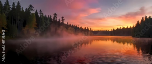Fototapeta Naklejka Na Ścianę i Meble -  A colorful sunset over a serene lake surrounded by dense forest