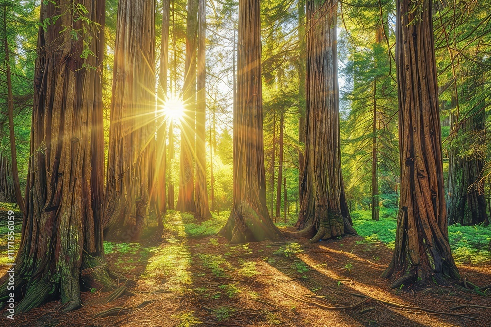 Fototapeta premium Sunbeams filtering through a majestic forest of tall trees.