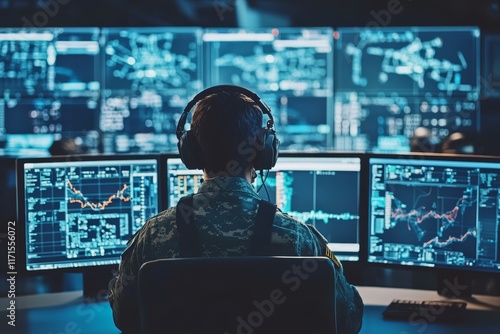 Advanced control room with military personnel overseeing drone operations via multiple data screens