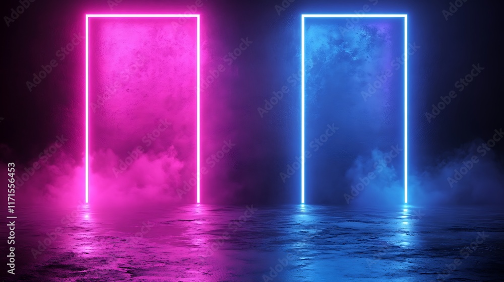 Fototapeta premium Neon Light Frames Illuminate Smoky Dark Room