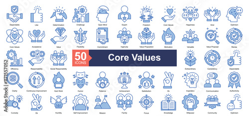 Core Values Icon Collection Set.Containing dependable, like, determination, challenge, open mind, expert, freedom, core values, happiness, kind, icon. Simple blue style Vector Illustration.