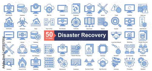 Disaster Recovery Icon Collection Set.Containing data security, database, virus, back up, computer, publication, file backup, service, threat icon. Simple blue style Vector Illustration.