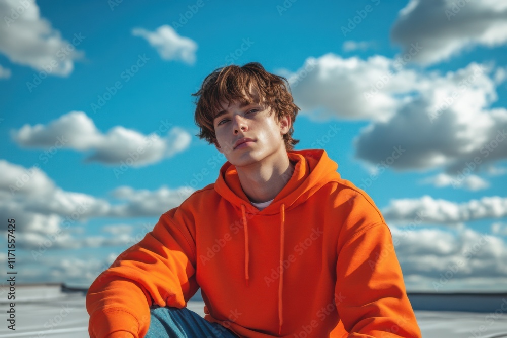 Teen boy in orange hoodie poses against a backdrop of blue sky and fluffy clouds during a sunny day on a rooftop