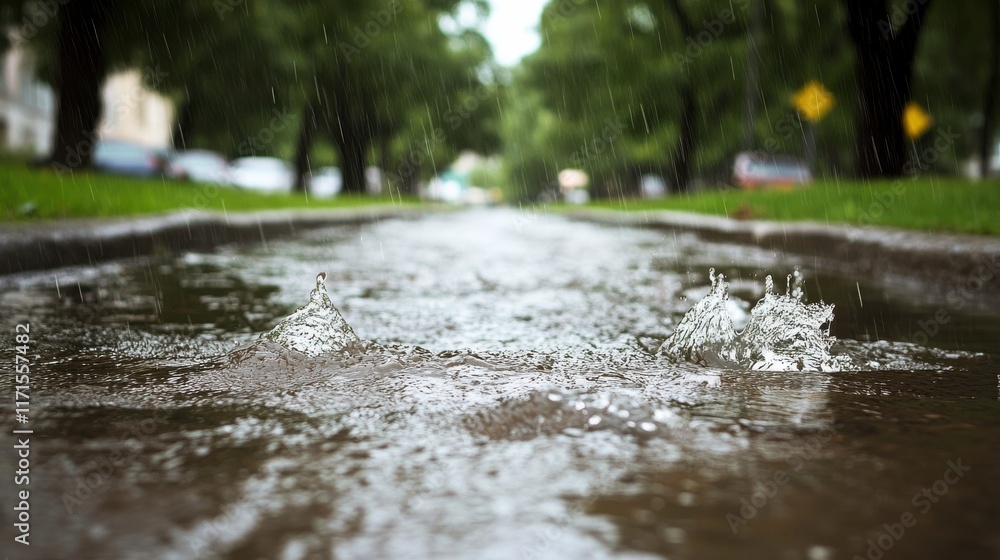 Fototapeta premium Urban Runoff in City Park During Rainy Day