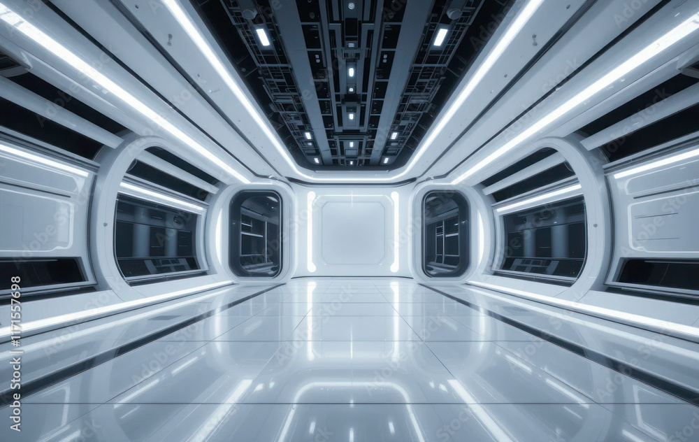 Futuristic Perspective Background with Hidden Lighting, White Floor, and Ceiling, Perfect for Modern Showroom or Tech Design Futuristic Perspective Background with Hidden Lighting, White Floor, and Ceiling, Perfect for Modern Showroom or Tech Design