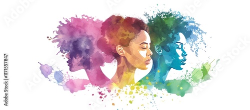 A vibrant watercolor portrait of three young Black women, their profiles painted in a spectrum of colors, creating a powerful image of unity and diversity.