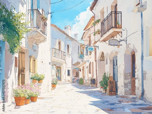 Charming Mediterranean Street Watercolor Painting