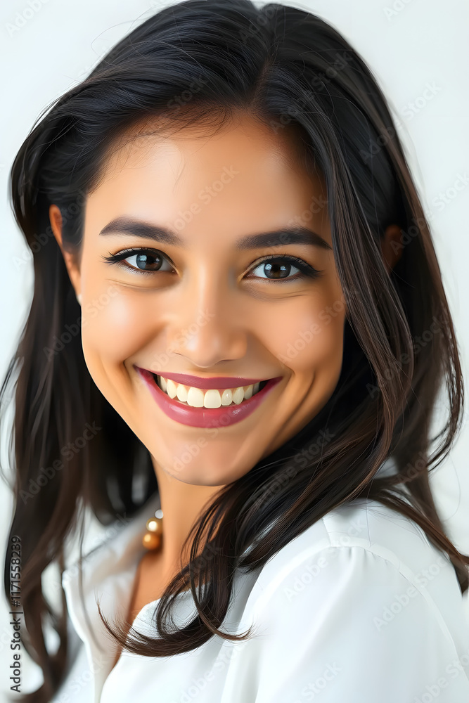 Portrait of a smiling woman with long dark hair wearing a white top against a white background. Portrait of a smiling woman with long dark hair wearing a white top against a white background.