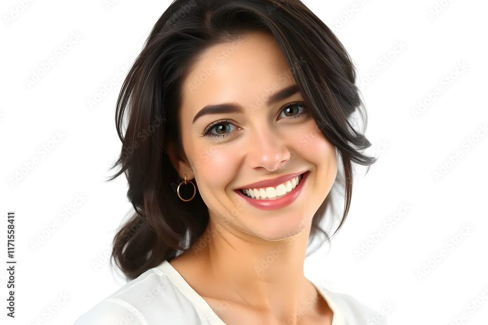 Portrait of a smiling woman with long dark hair wearing a white top against a white background. Portrait of a smiling woman with long dark hair wearing a white top against a white background.