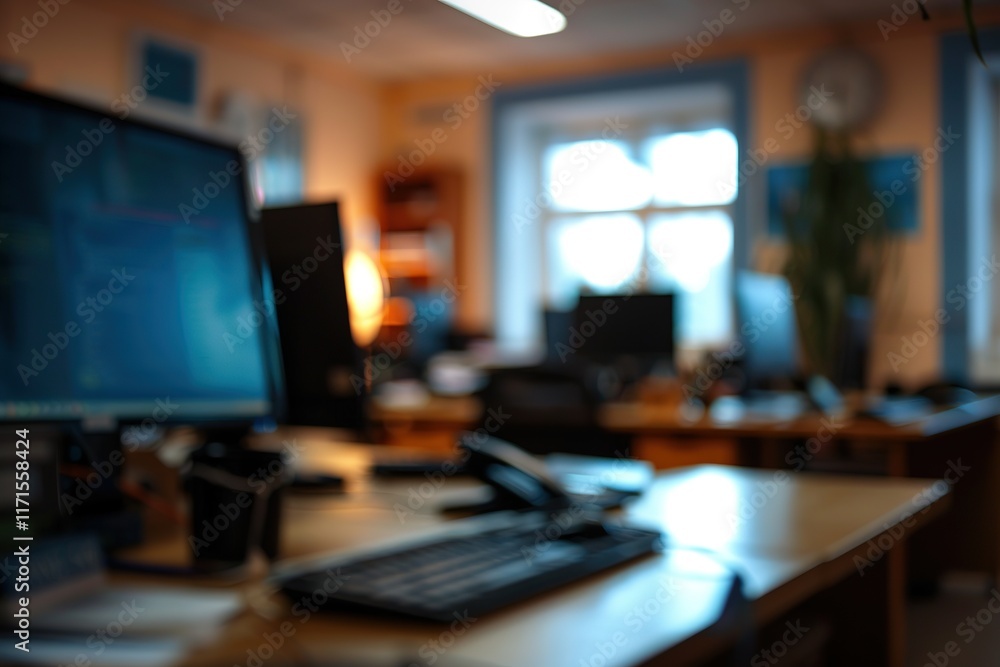 Blurred office workspace with computers and desks. A productive atmosphere. Blurred office workspace with computers and desks. A productive atmosphere.