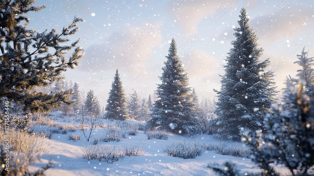 Naklejka premium Watercolor Christmas trees in snowy Landscape falling