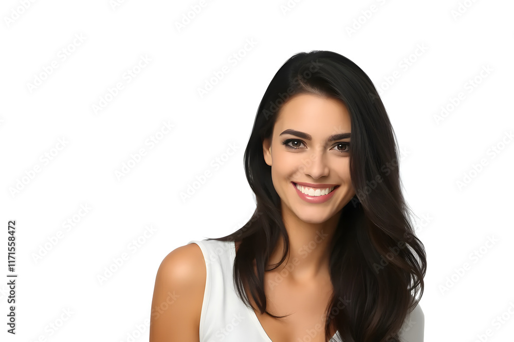 Portrait of a smiling woman with long dark hair wearing a white top against a white background. Portrait of a smiling woman with long dark hair wearing a white top against a white background.