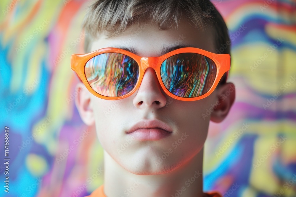 Stylish young person wearing colorful sunglasses against a vibrant backdrop of abstract designs Stylish young person wearing colorful sunglasses against a vibrant backdrop of abstract designs