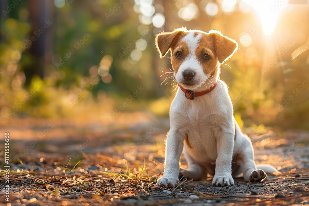 Adorable puppy sitting in sunlit woods