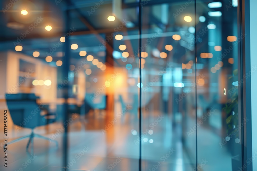 Blurred view of a modern office space at night. Blurred view of a modern office space at night.