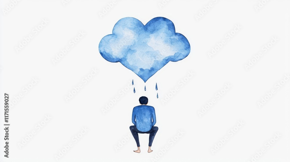 A person sitting under a blue cloud symbolizing sadness. A person sitting under a blue cloud symbolizing sadness.