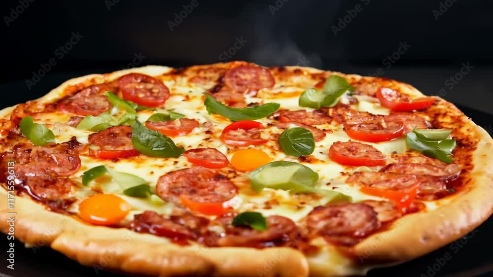 Fresh hot pizza on a dark background. This fresh hot pizza, perfectly baked, is a delicious invitation to indulge. Fresh hot pizza on a dark background. This fresh hot pizza, perfectly baked, is a delicious invitation to indulge.