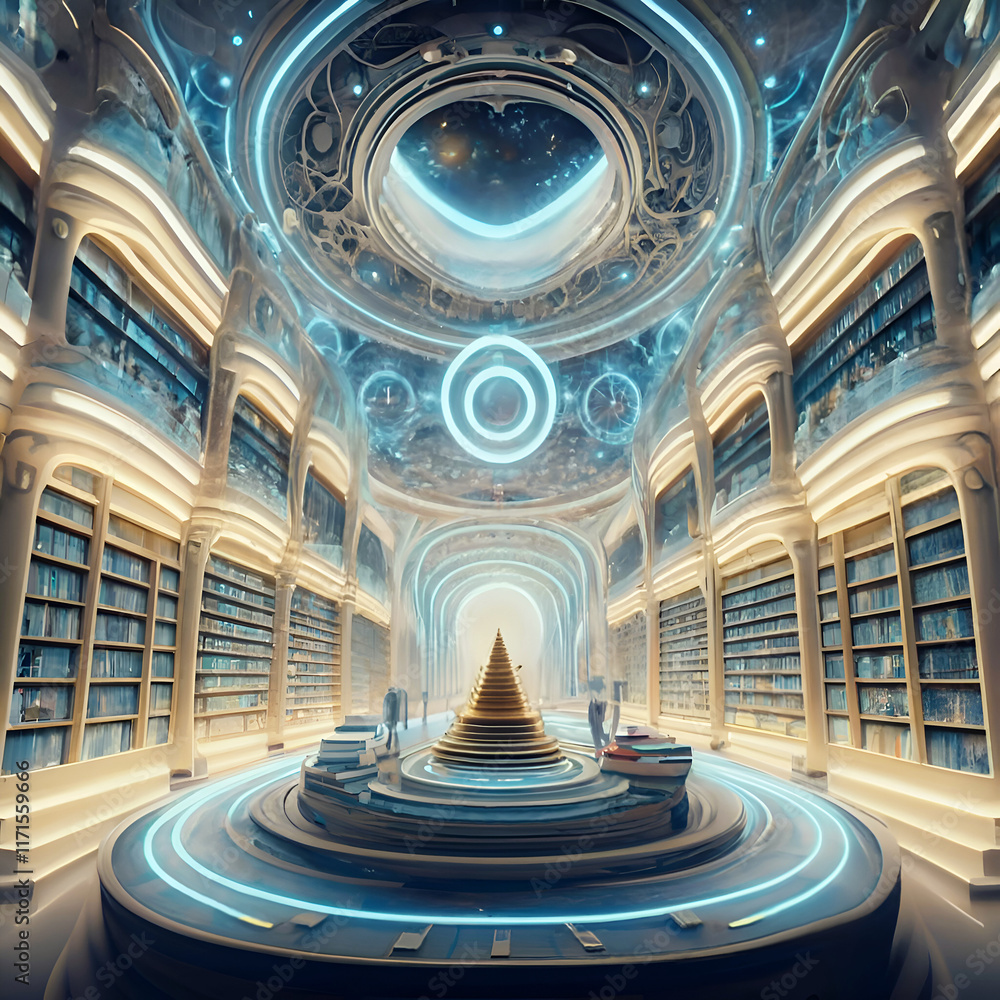 golden-blue Akashi library extraterrestrial magical space. knowledge mystery concept. Ai generated.