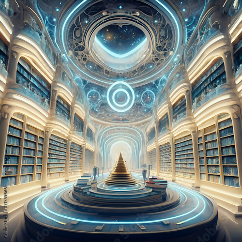 Obraz na płótnie golden-blue Akashi library extraterrestrial magical space. knowledge mystery concept. Ai generated. w salonie