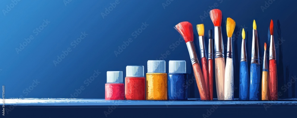 Obraz premium Vibrant paintbrushes and colorful paint jars on a shelf